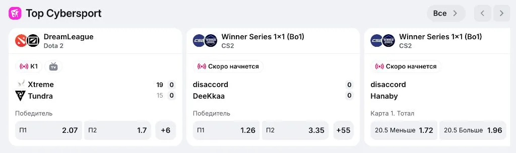 Раздел Top Cybersport в приложении 1win: матчи Dota 2 DreamLeague и CS2 Winner Series